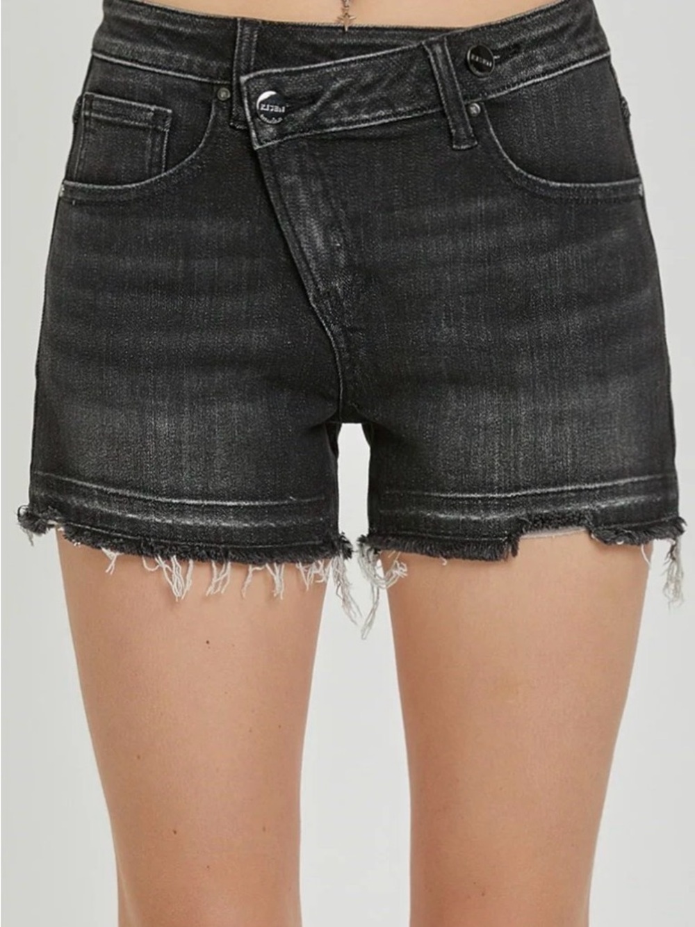 RISEN RDS6075X Black Denim Asymmetrical Crossover Waist Jean Shorts Size 1XL NWT